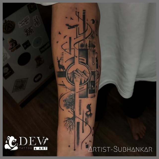 Abstract trash-polka mountain and forest forearm sleeve by Subhankar, Dev Tattoo & Art Kolkata