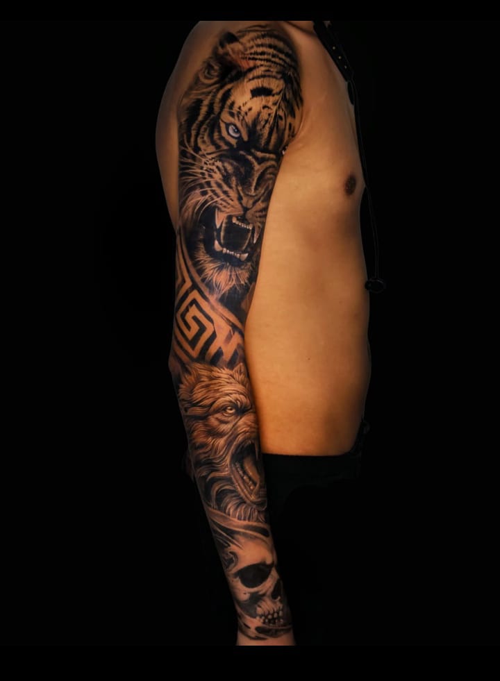Tiger, wolf and skull black and grey realism full arm sleeve tattoo, Dev Tattoo & Art Kolkata