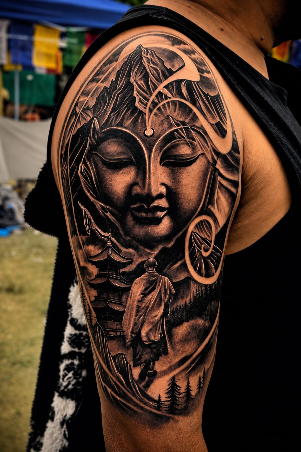 Buddha face with monk, pagoda and mountains black and grey half sleeve tattoo, Dev Tattoo & Art Kolkata