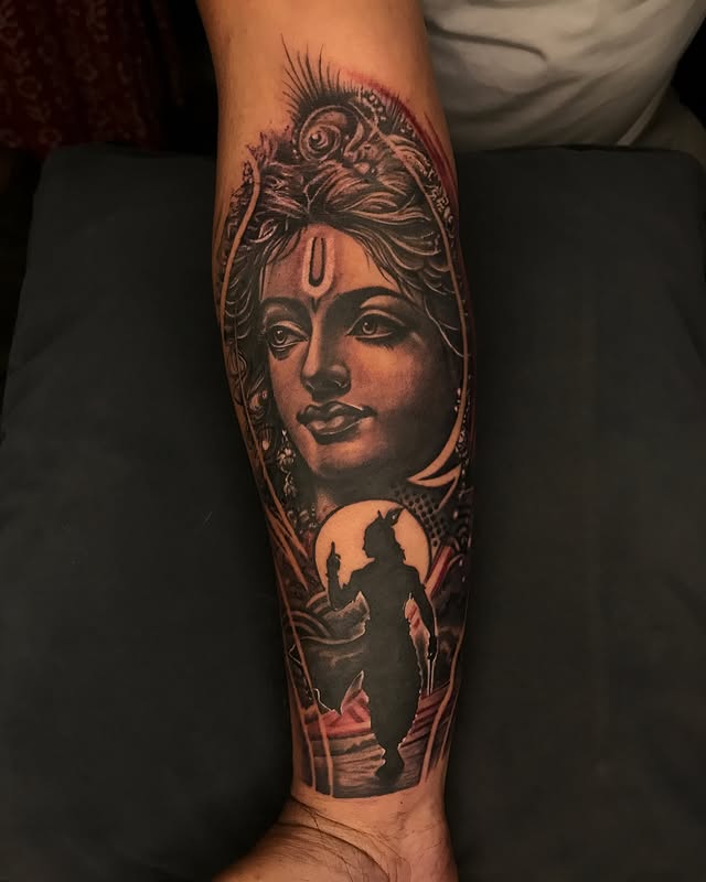 Lord Krishna realism portrait forearm tattoo, Dev Tattoo & Art Kolkata