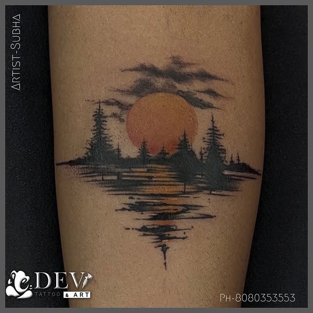 Watercolor sunset forest landscape tattoo by Subha, Dev Tattoo & Art Kolkata