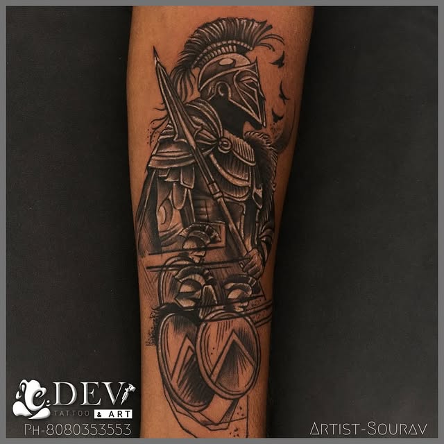 Spartan warrior blackwork forearm tattoo by Sourav, Dev Tattoo & Art Kolkata