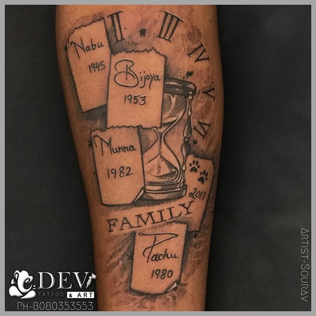 Family memorial hourglass with names and dates realism tattoo by Sourav, Dev Tattoo & Art Kolkata