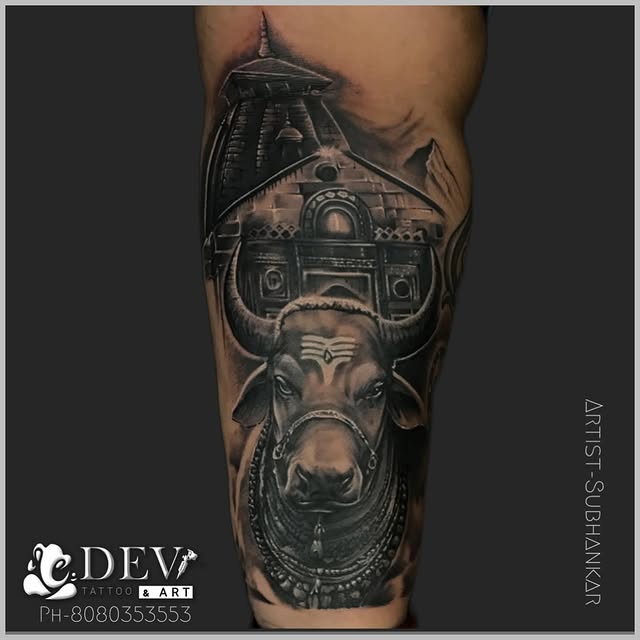 Nandi bull with temple realism forearm tattoo by Subhankar, Dev Tattoo & Art Kolkata