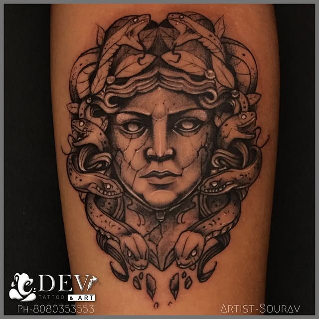 Medusa blackwork portrait tattoo by Sourav, Dev Tattoo & Art Kolkata