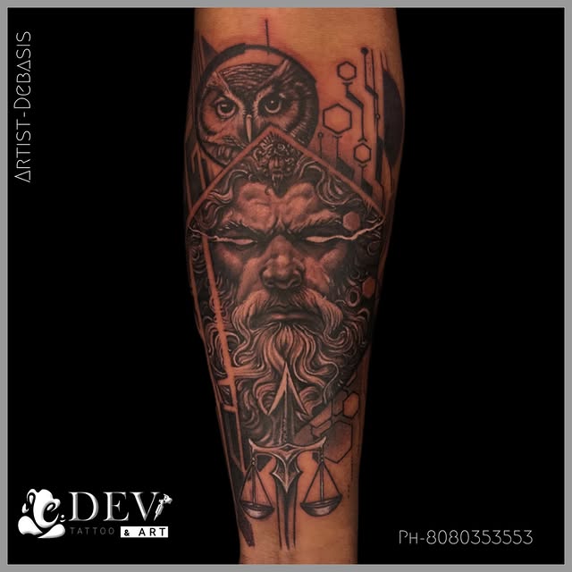 Zeus and owl geometric blackwork forearm sleeve by Debasis, Dev Tattoo & Art Kolkata