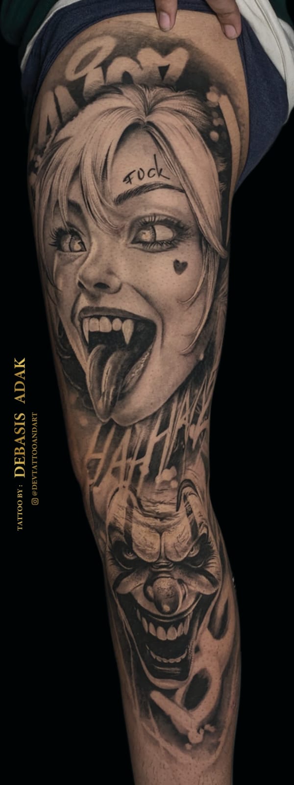 Harley Quinn and Joker black and grey realism leg sleeve tattoo by Debasis Adak, Dev Tattoo & Art Kolkata