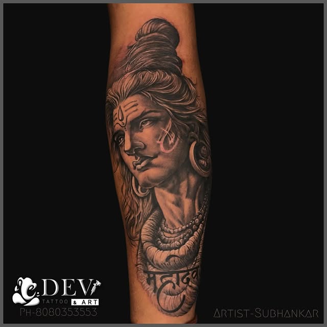 Lord Shiva Mahadev black and grey portrait tattoo by Subhankar, Dev Tattoo & Art Kolkata