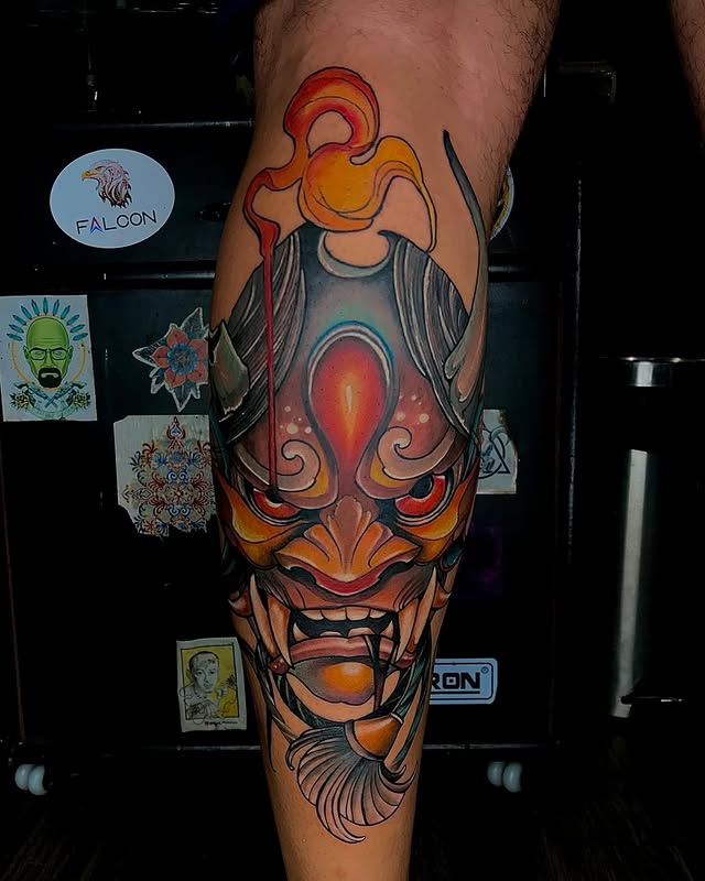 Vivid neo-traditional color Hannya mask calf tattoo, Dev Tattoo & Art Kolkata