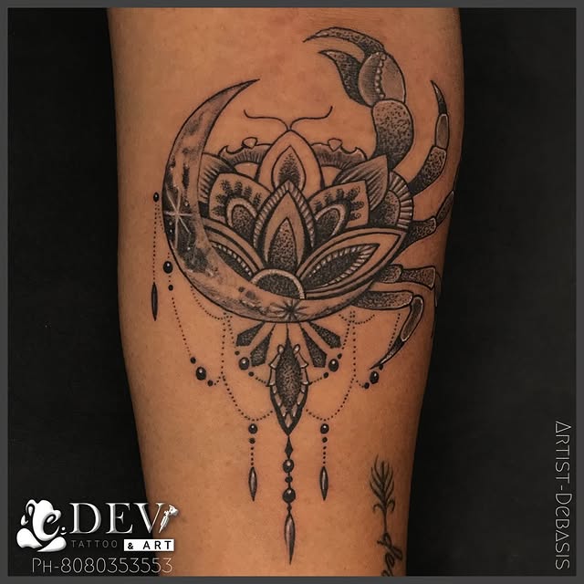 Cancer crab with lotus mandala fine line tattoo by Debasis, Dev Tattoo & Art Kolkata