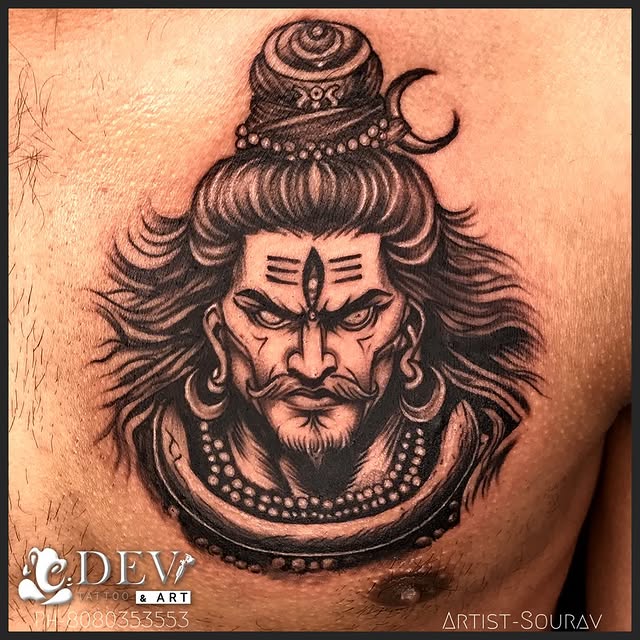 Fierce Lord Shiva chest tattoo by Sourav, Dev Tattoo & Art Kolkata