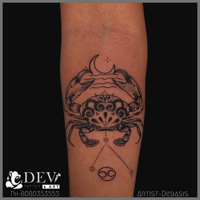 Fine line Cancer zodiac crab with moon and stars tattoo by Debasis, Dev Tattoo & Art Kolkata