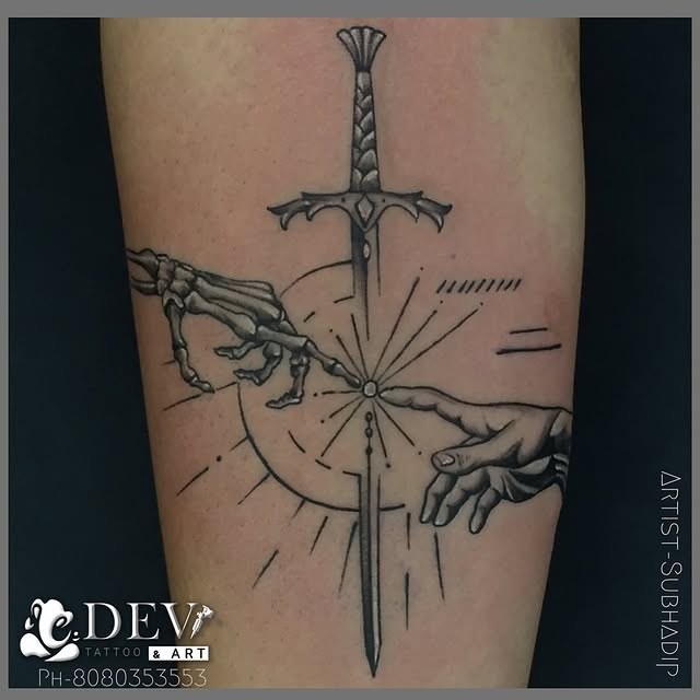 Fine line sword and hands illustrative forearm tattoo by Subhadip, Dev Tattoo & Art Kolkata