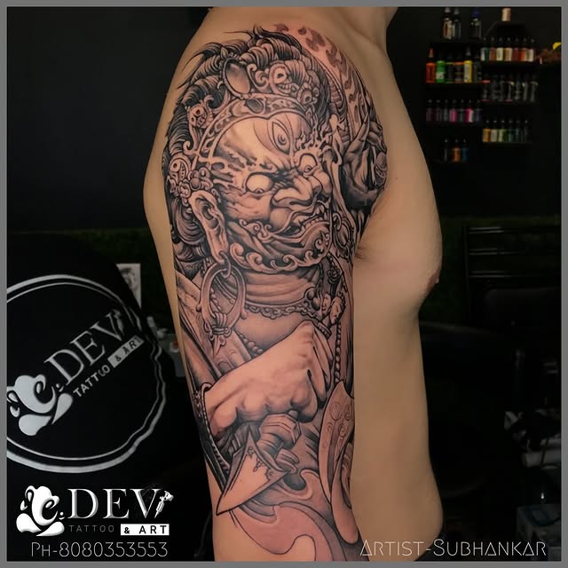 Japanese guardian deity half sleeve tattoo by Subhankar, Dev Tattoo & Art Kolkata